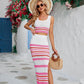 Striped Openwork Cropped Tank and Split Skirt Set