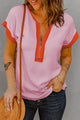 Contrast Half Zip Short Sleeve Top Blush Pink