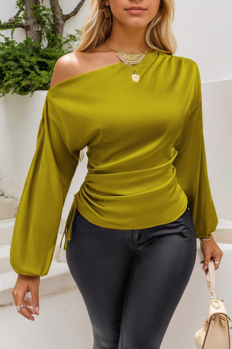 Drawstring One Shoulder Long Sleeve Blouse Olive