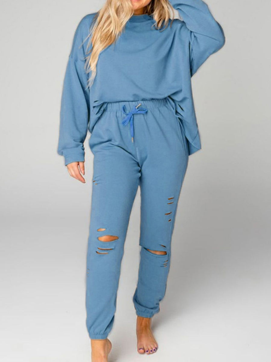 Distressed Sweatshirt and Joggers Set Light Blue