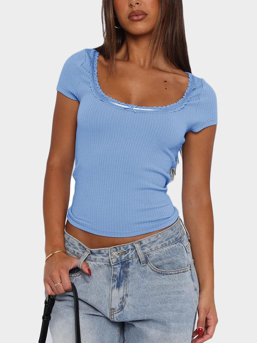 Lace Detail Scoop Neck Short Sleeve T-Shirt Light Blue
