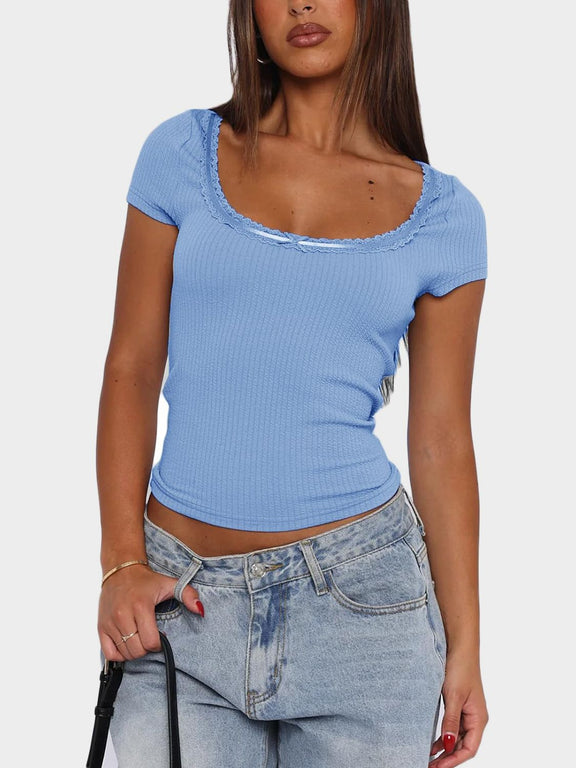 Lace Detail Scoop Neck Short Sleeve T-Shirt Light Blue