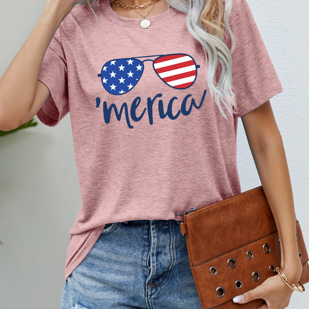 US Flag Glasses Graphic Tee Blush Pink