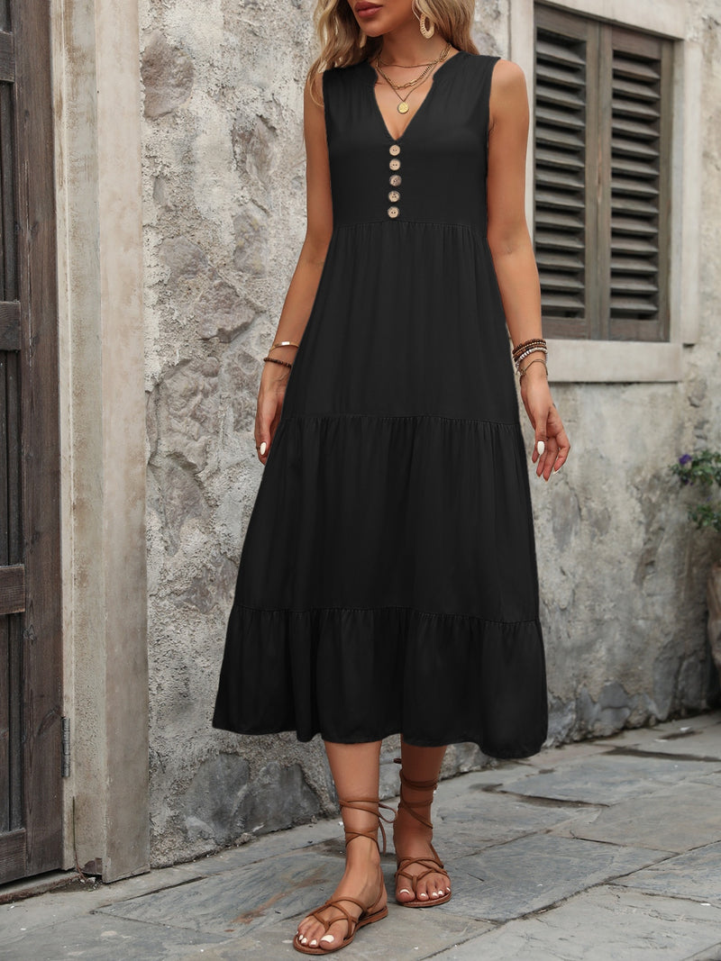 Decorative Button Notched Sleeveless Dress