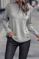 Decorative Button Round Neck Long Sleeve Top Dark Gray