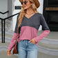 V-Neck Long Sleeve Two-Tone T-Shirt