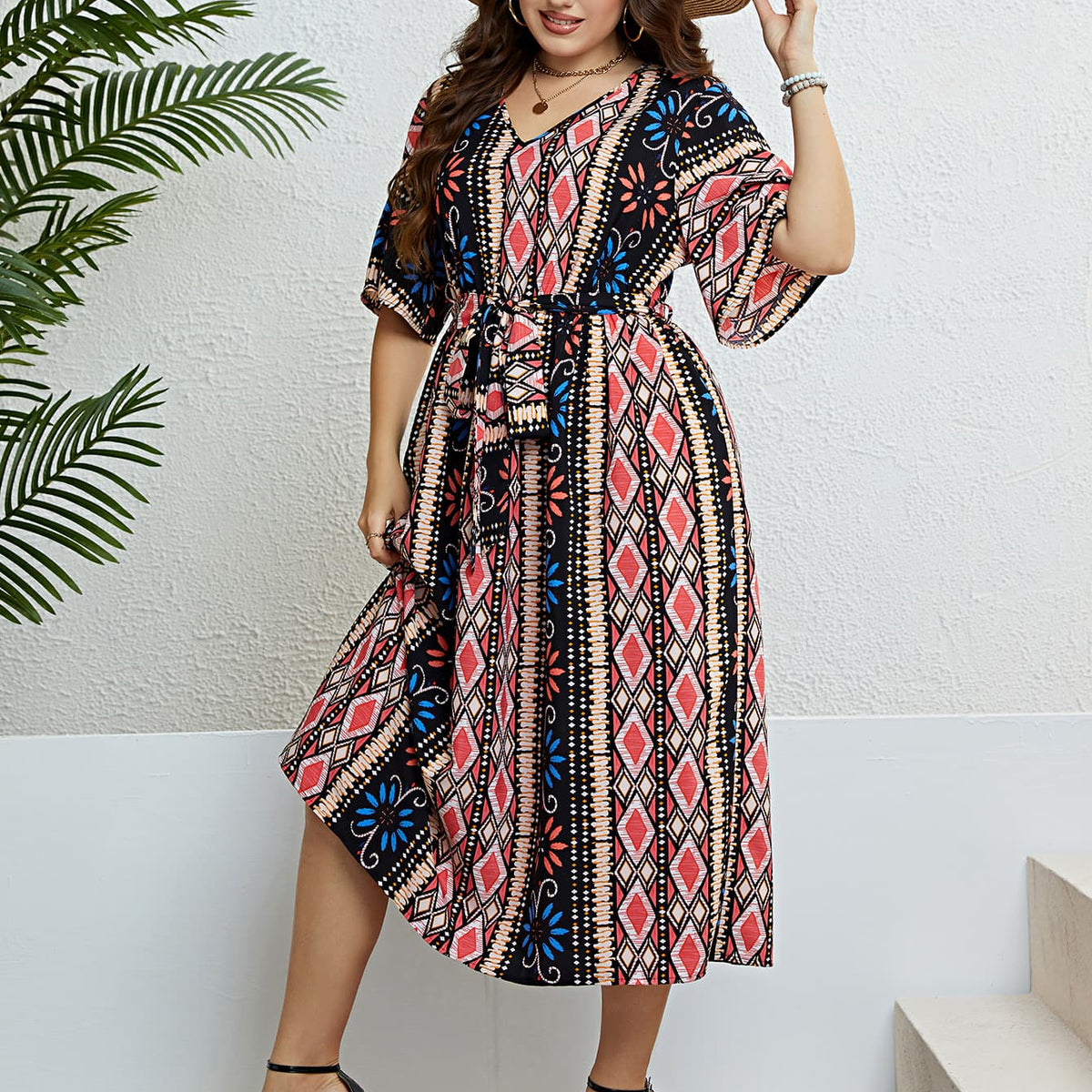 Plus Size Bohemian V-Neck Tie Belt Midi Dress