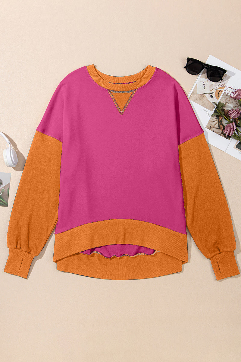 Contrast Round Neck Long Sleeve Sweatshirt Hot Pink
