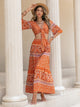 Printed Plunge Half Sleeve Top and Skirt Set Orange