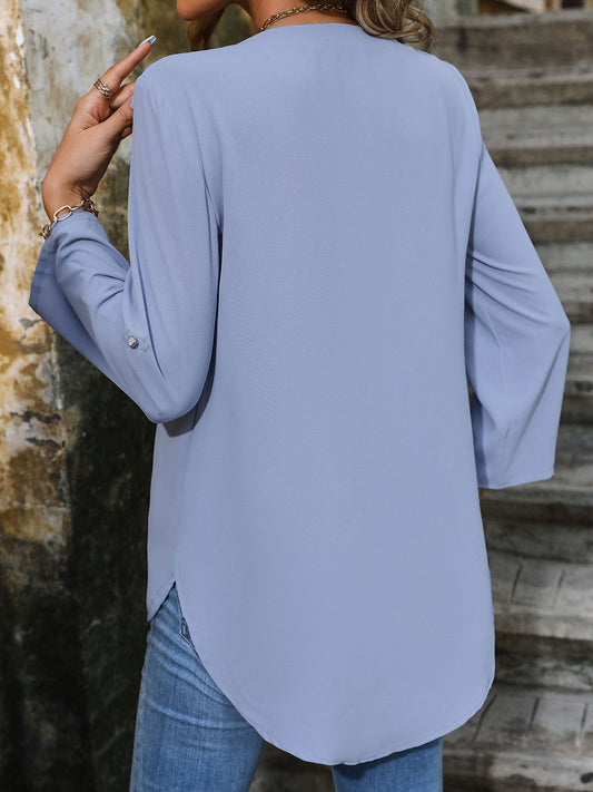 Perfee Notched Roll-Tab Sleeve Blouse