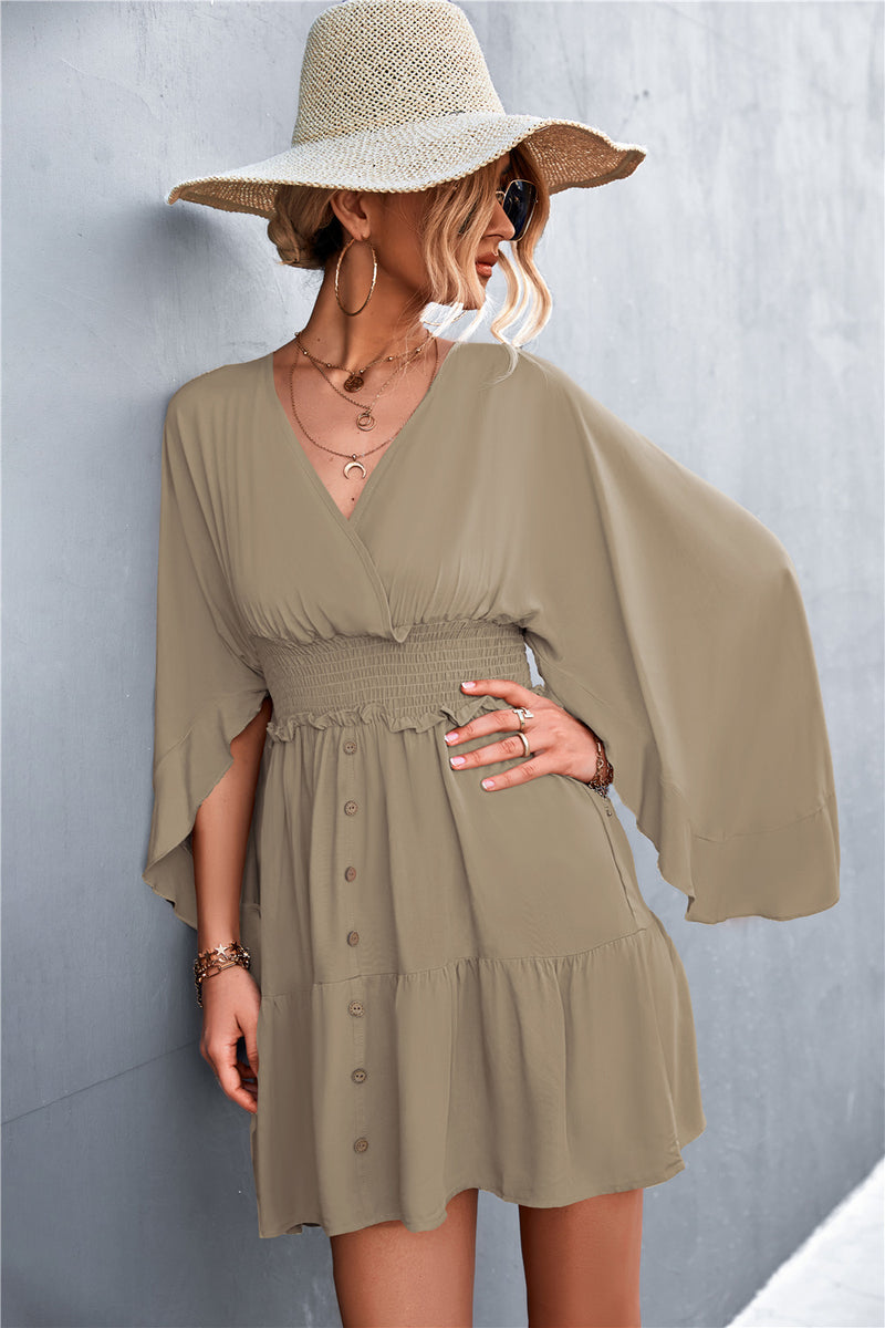 Decorative Button Smocked Waist Surplice Dress