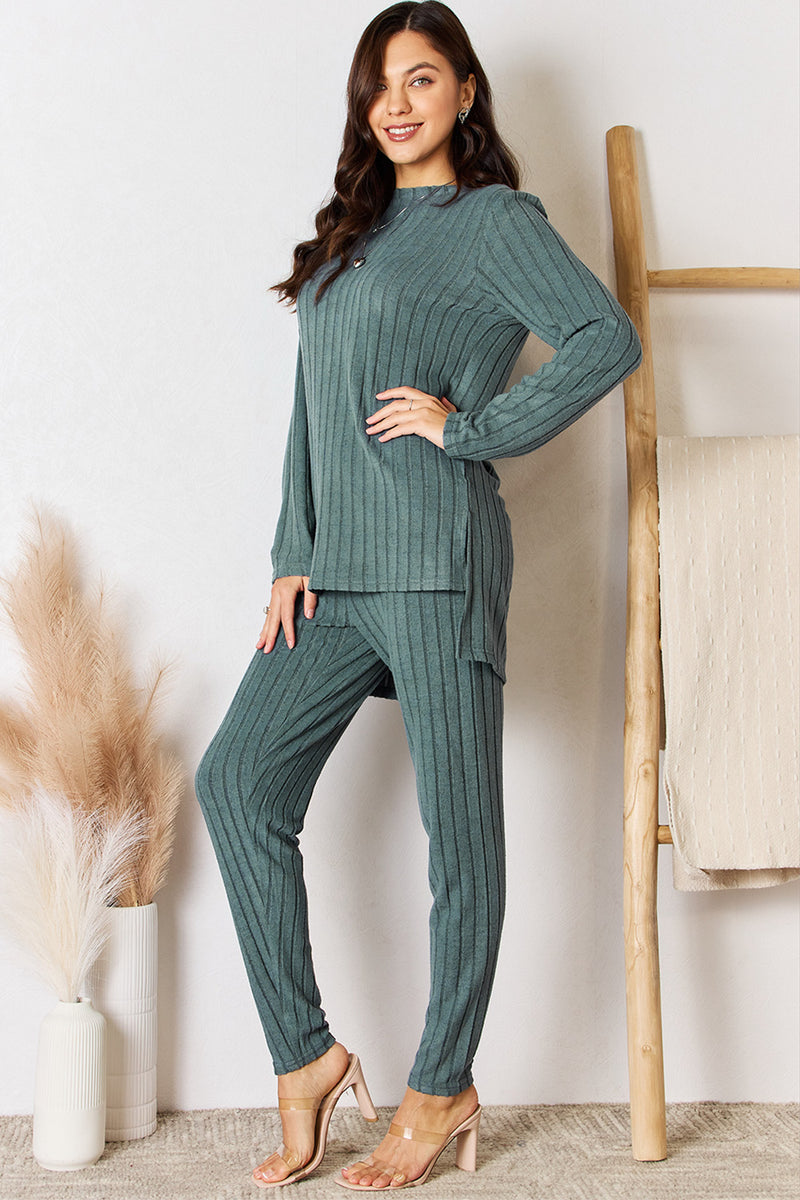 Basic Bae Full Size Ribbed Round Neck High-Low Slit Top and Pants Set Turquoise
