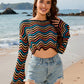 Striped Boat Neck Long Sleeve Cover Up