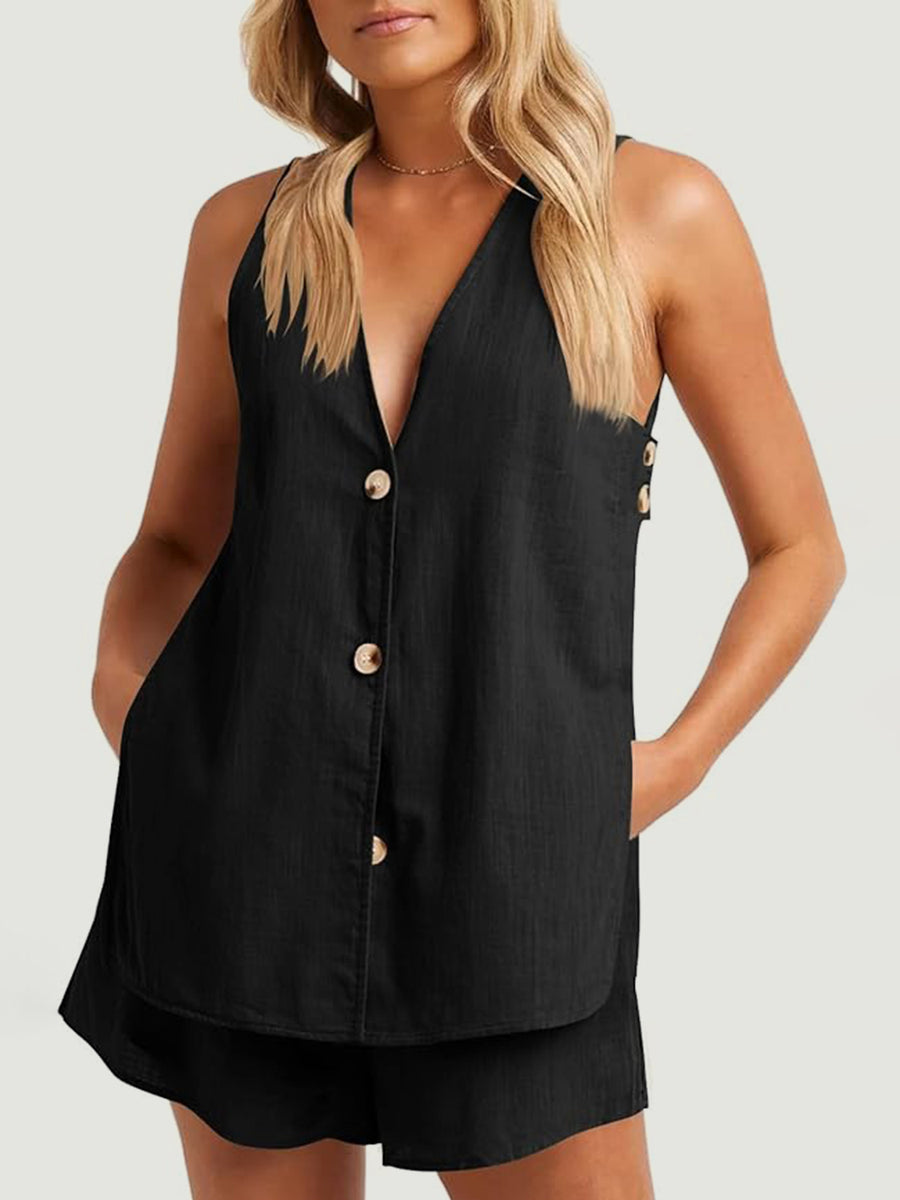 Full Size Button Up Top and Shorts Set Black