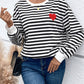 Heart Patch Striped Round Neck Long Sleeve Sweatshirt