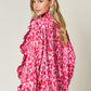 Double Take Full Size Printed Ruffle Trim Balloon Sleeve Shirt