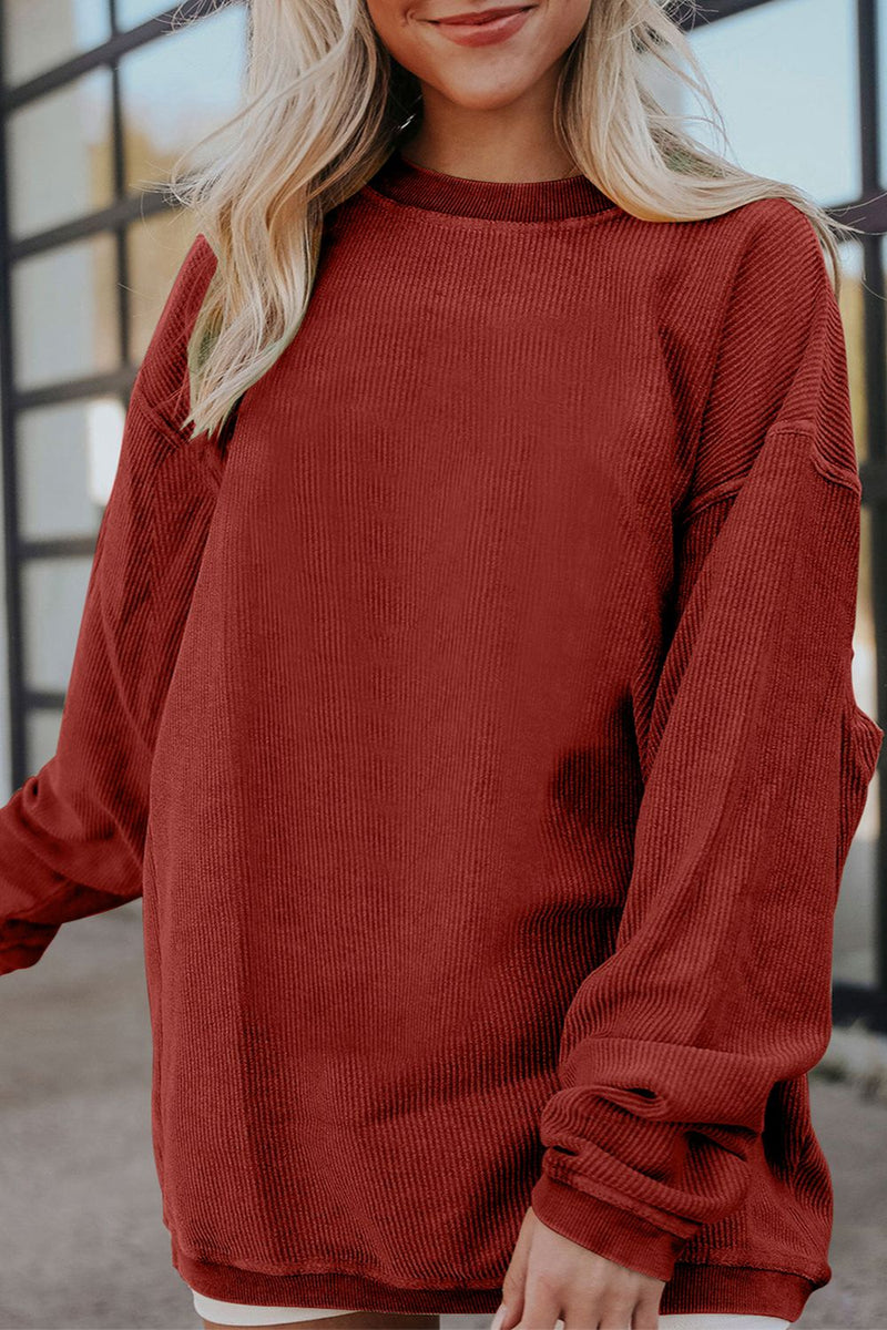 Ribbed Round Neck Drop Shoulder Sweatshirt Brick Red