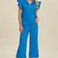 Double Take Full Size Texture Ruffle Short Sleeve Top and Wide Leg Pants Set