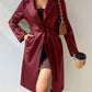 Tied PU Leather Long Sleeve Trench Coat