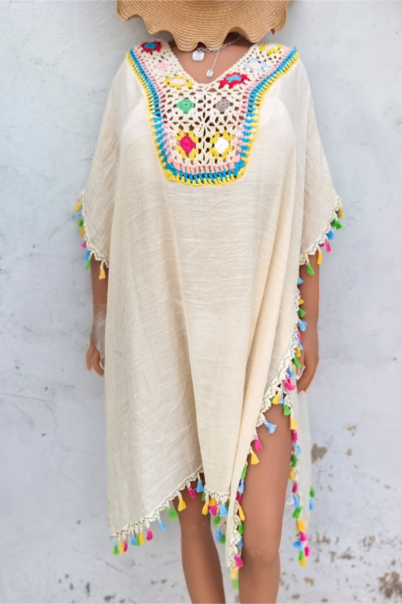 Tassel Detail Embroidery Dress Beige One Size