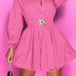 Notched Button Up Balloon Sleeves Dress