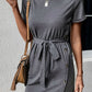 Decorative Button Tie-Waist Cuffed Sleeve Tee Dress