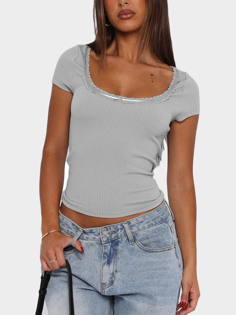 Lace Detail Scoop Neck Short Sleeve T-Shirt Gray