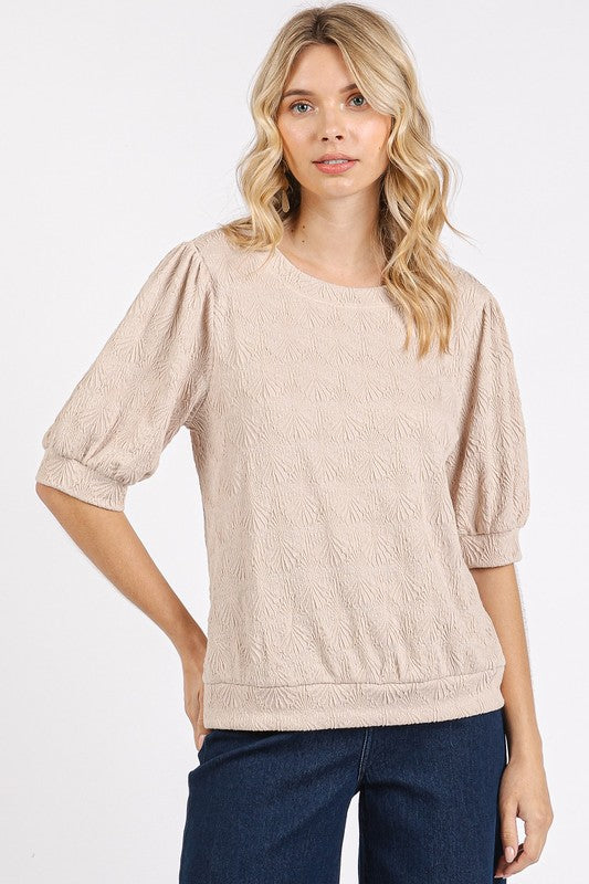 Mittoshop Fan Shell Texture Short Puff Sleeve Knit Top Tan