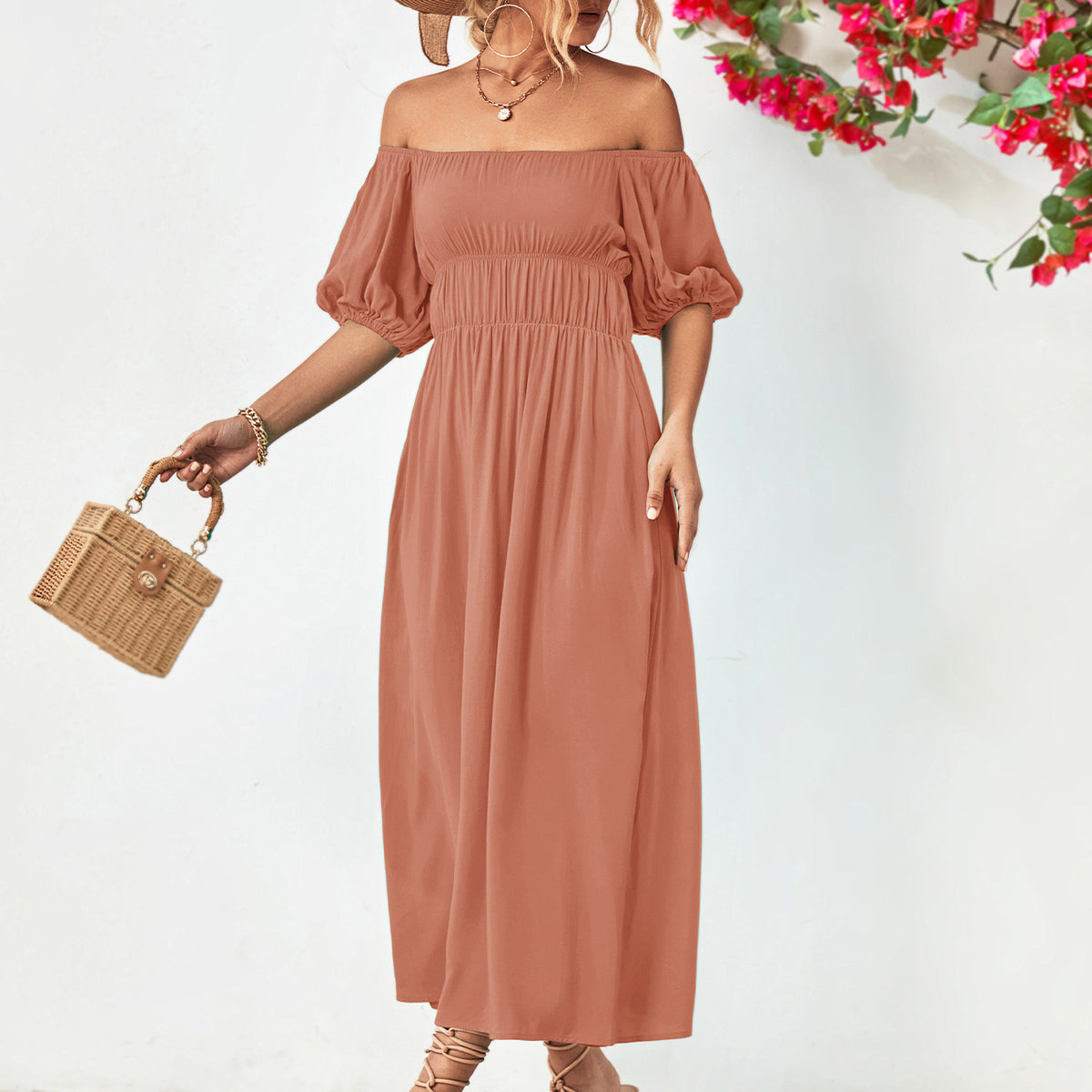 Off-Shoulder Balloon Sleeve Midi Dress