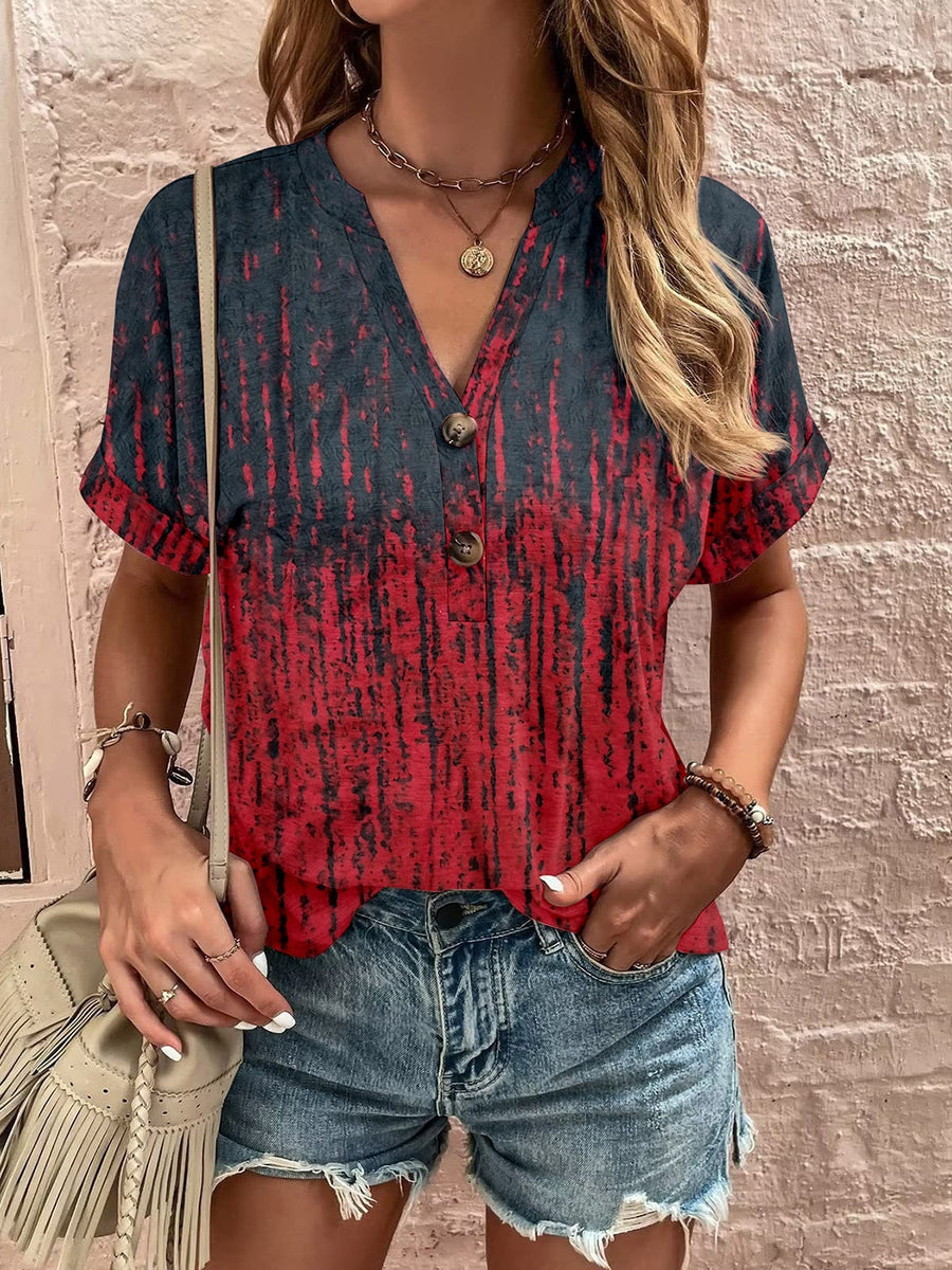 Full Size Printed Notched Short Sleeve Blouse Burgundy