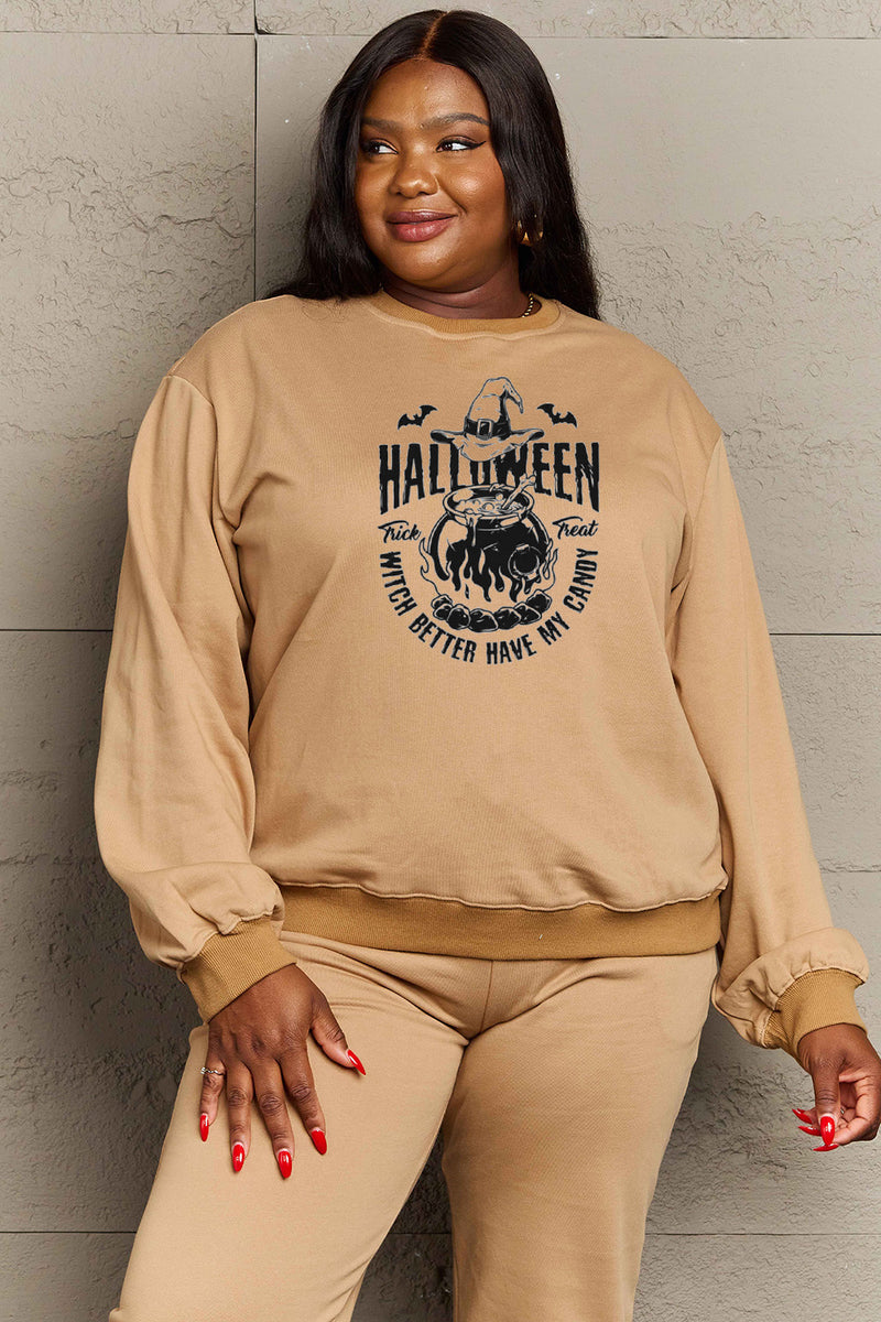 Simply Love Full Size Graphic Round Neck Sweatshirt Tan