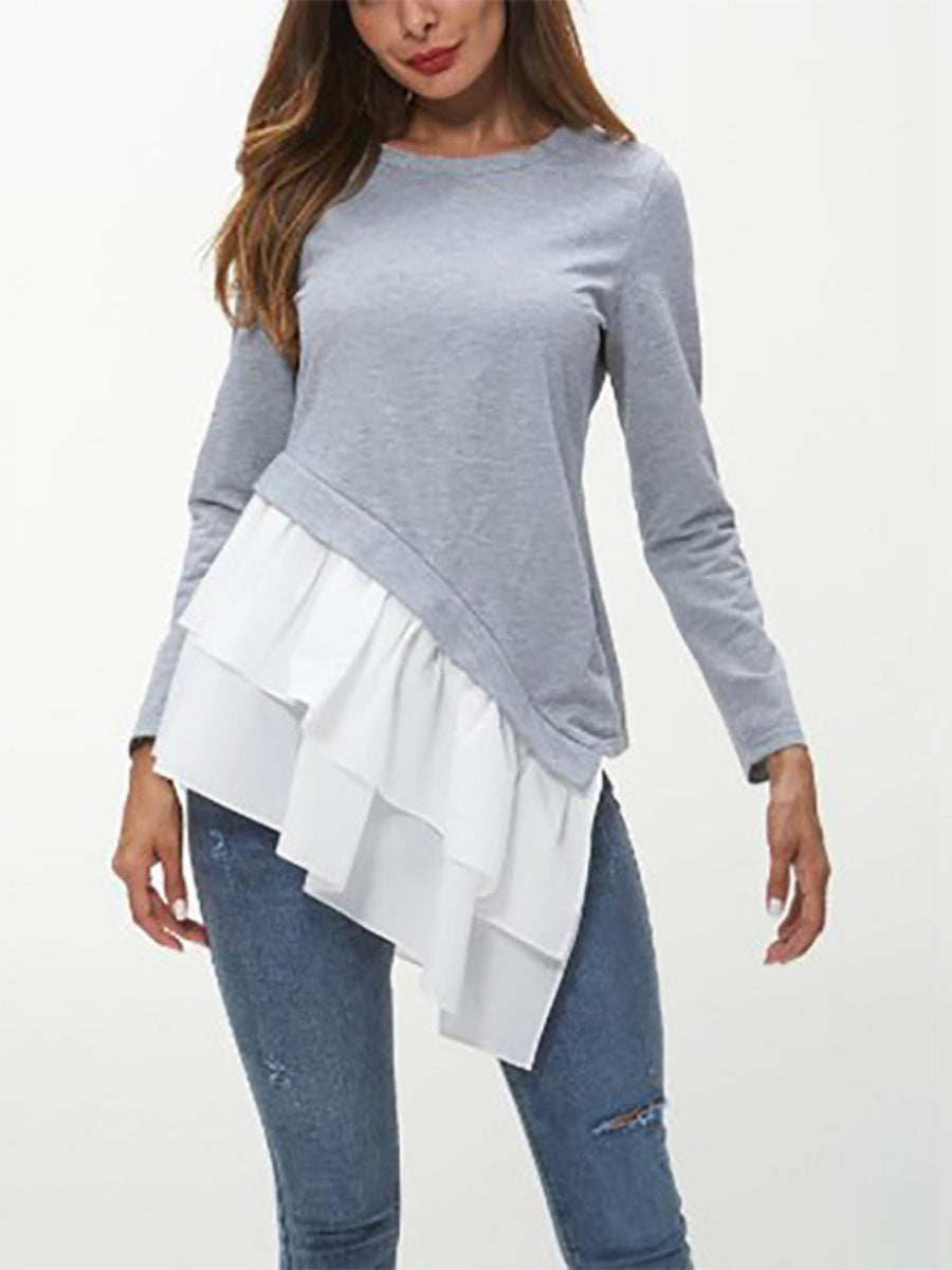 Ivy Lane Tiered Contrast Round Neck Long Sleeve T-Shirt Gray