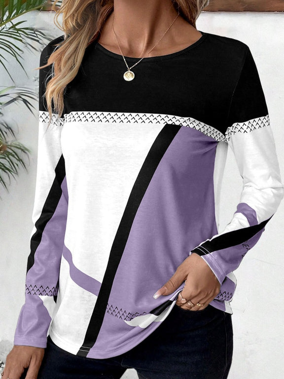 Contrast Round Neck Long Sleeve T-Shirt Lavender