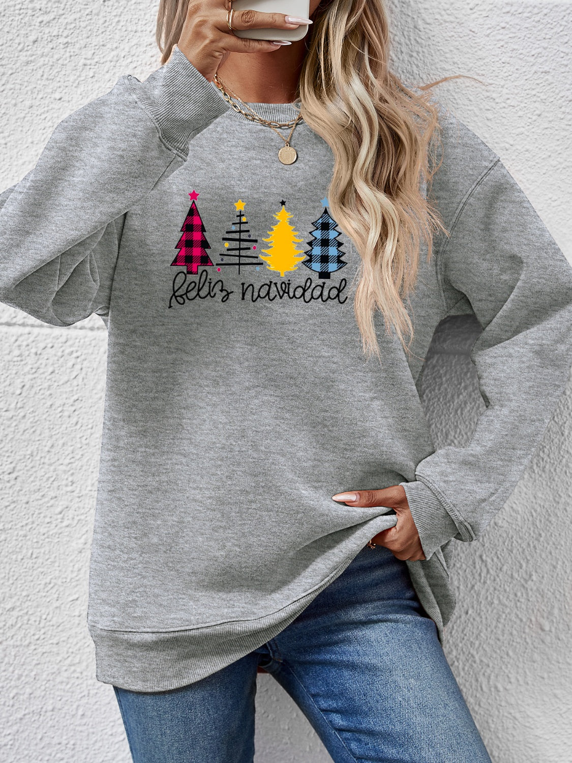Round Neck Graphic Long Sleeve Sweatshirt Charcoal