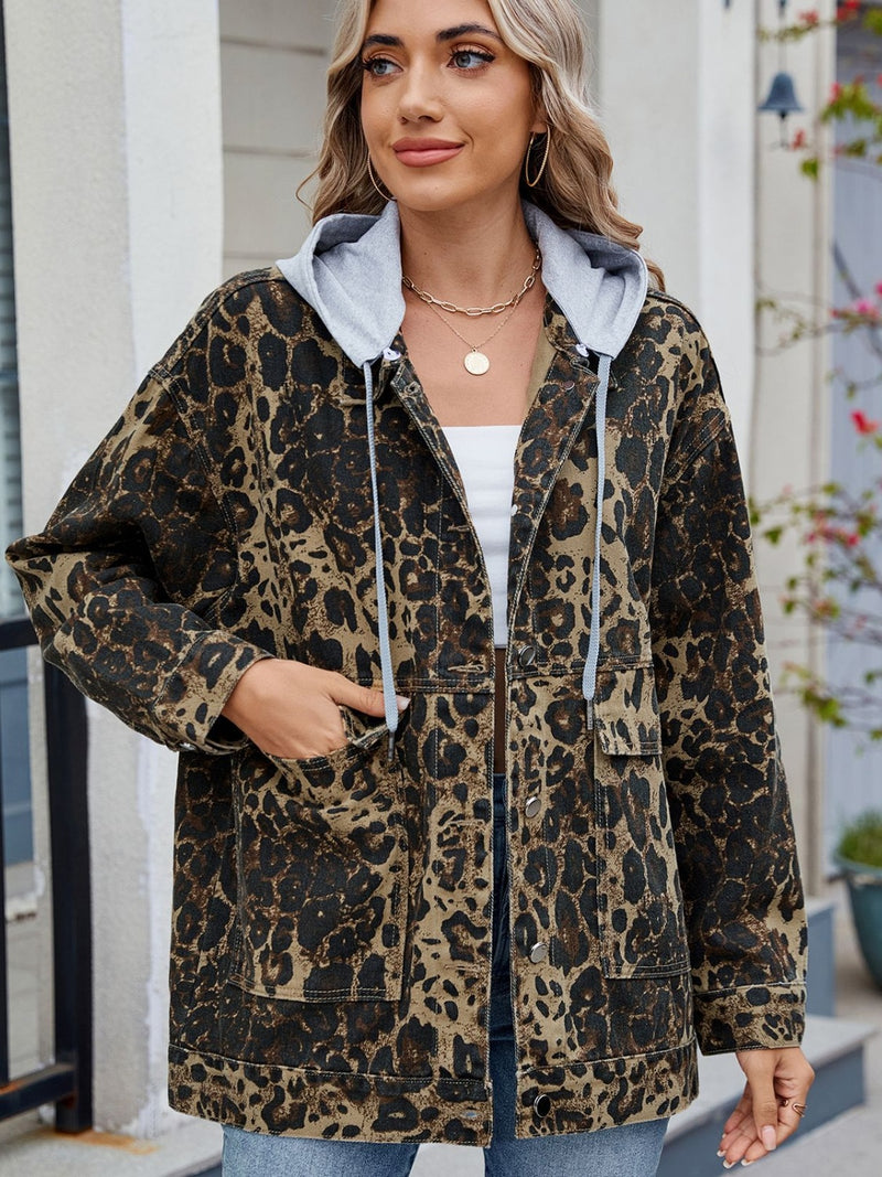 Leopard Button Up Drop Shoulder Denim Jacket Removable hat