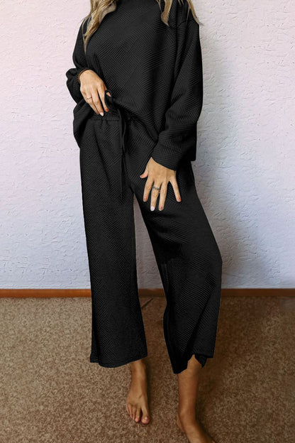 Dropped Shoulder Top and Pants Set Black