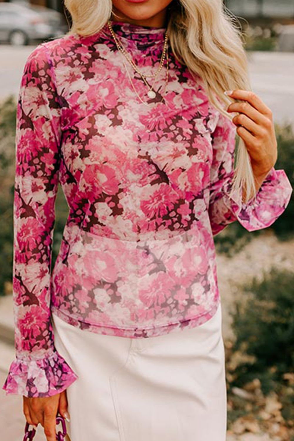 Floral Turtleneck Flounce Sleeve Blouse Pink