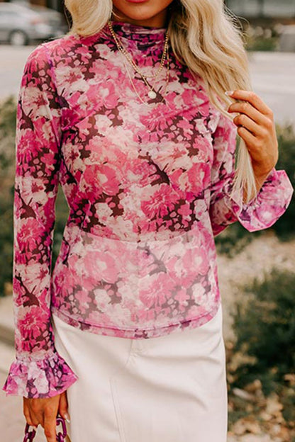 Floral Turtleneck Flounce Sleeve Blouse Pink