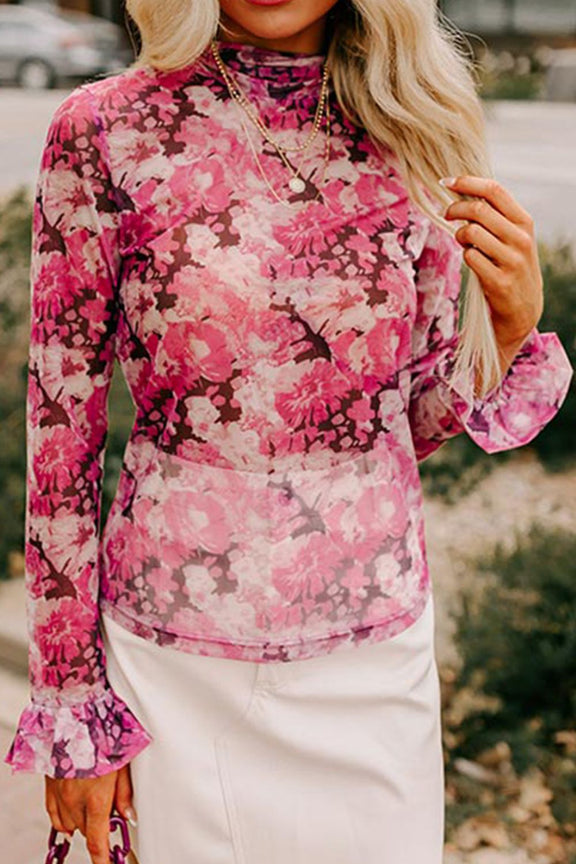 Floral Turtleneck Flounce Sleeve Blouse Pink
