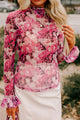 Floral Turtleneck Flounce Sleeve Blouse Pink