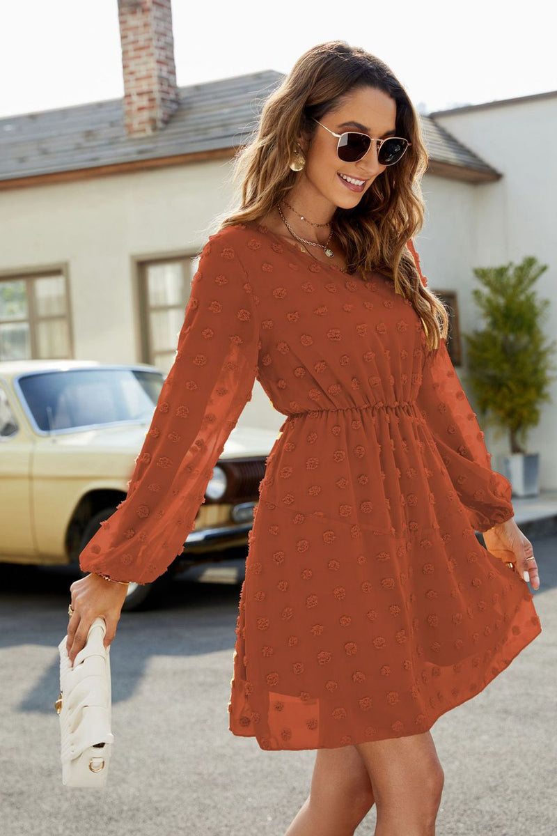 Swiss Dot V-Neck Lantern Sleeve Mini Dress