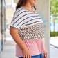 Plus Size Striped Leopard Round Neck Half Sleeve T-Shirt