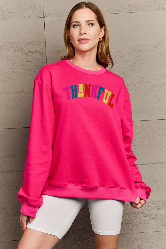Simply Love Full Size THANKFUL Graphic Sweatshirt Hot Pink