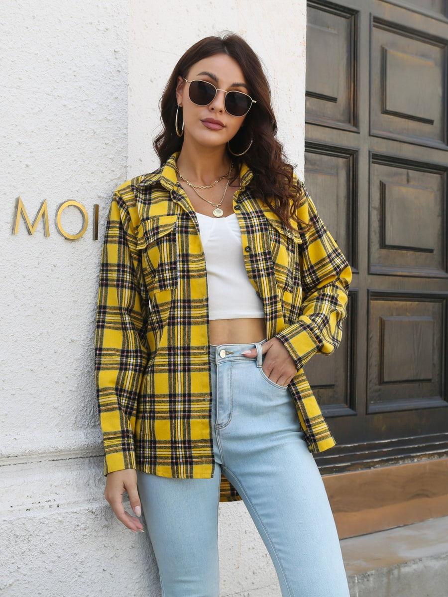 Plaid Collared Neck Buttoned Shirt with Pockets Gold
