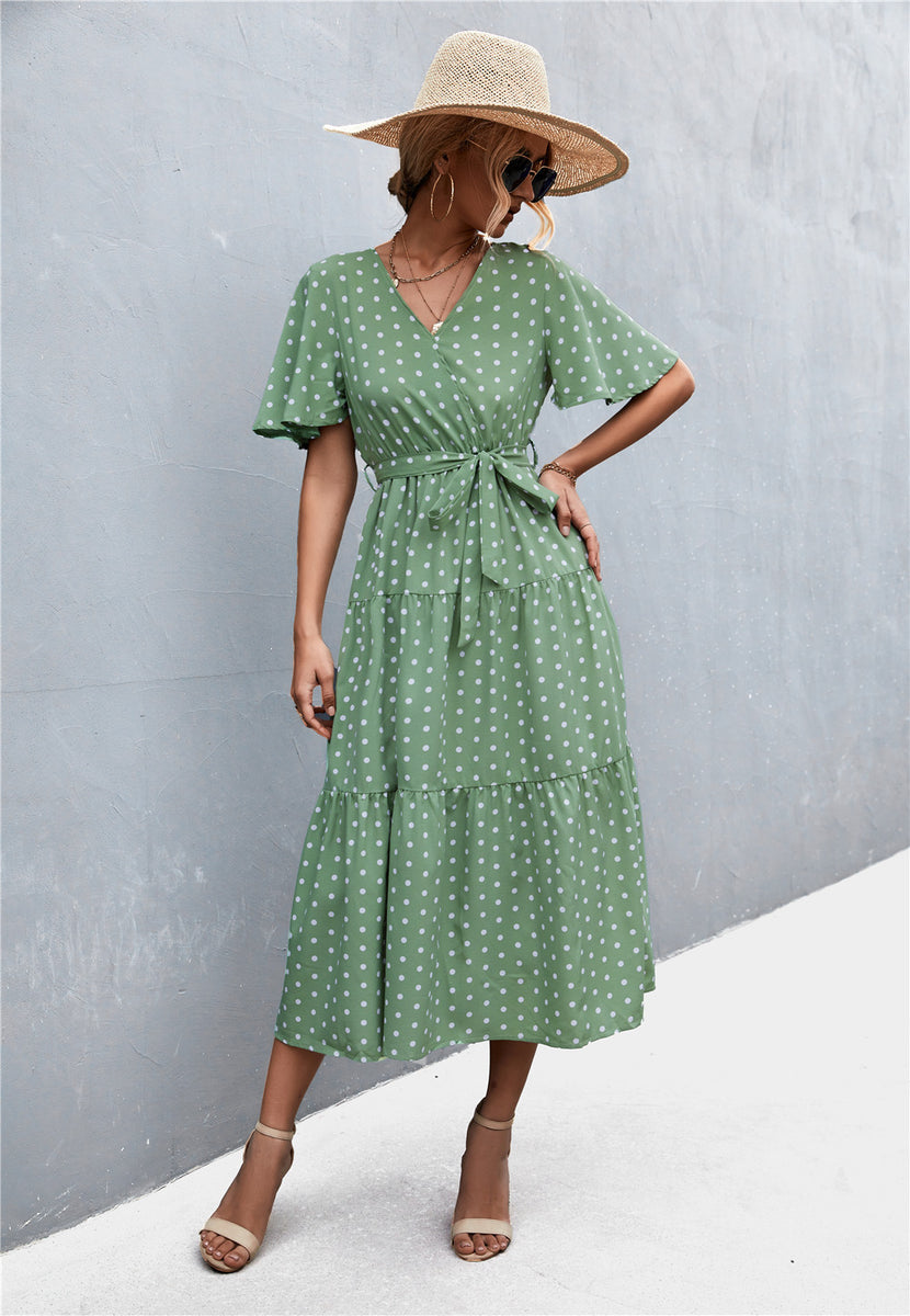 Printed V-Neck Flutter Sleeve Belted Dress Green