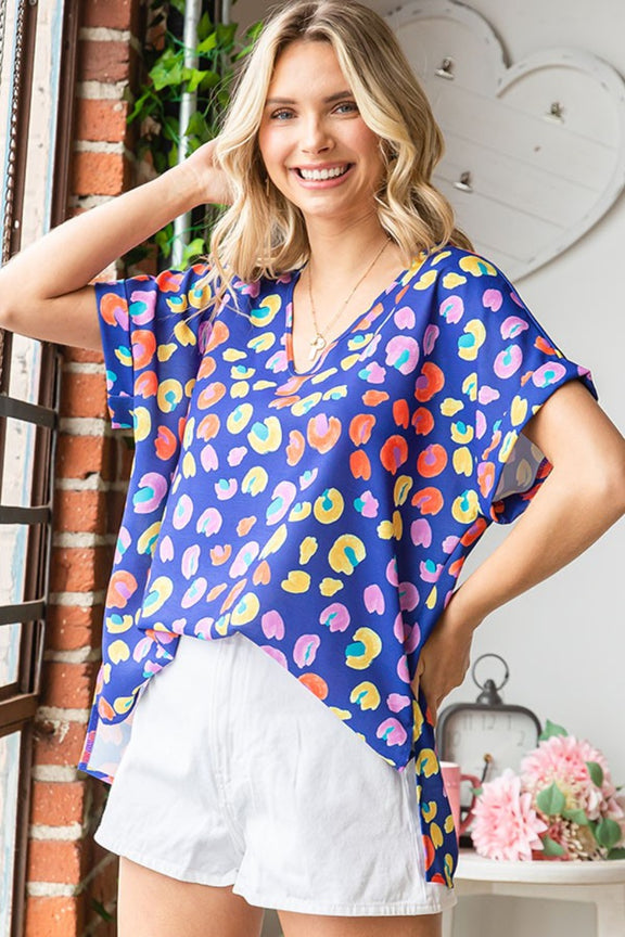 First Love Printed V-Neck Short Sleeve Blouse BLUEMULTI