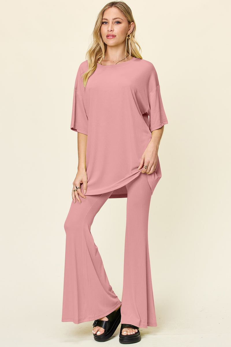 Double Take Full Size Round Neck Drop Shoulder T-Shirt and Flare Pants Set Dusty Pink