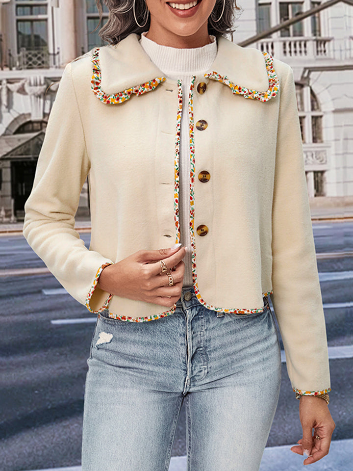 Perfee Collared Neck Button-Down Long Sleeve Jacket Cream