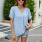 Ruched Short Sleeve V-Neck Blouse