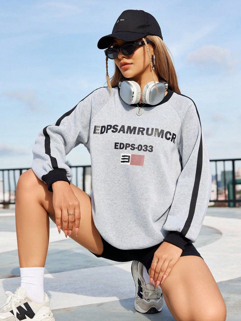 Letter Round Neck Long Sleeve Sweatshirt Light Gray